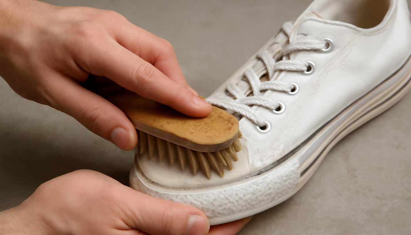 mains frottant une semelle blanche avec brosse