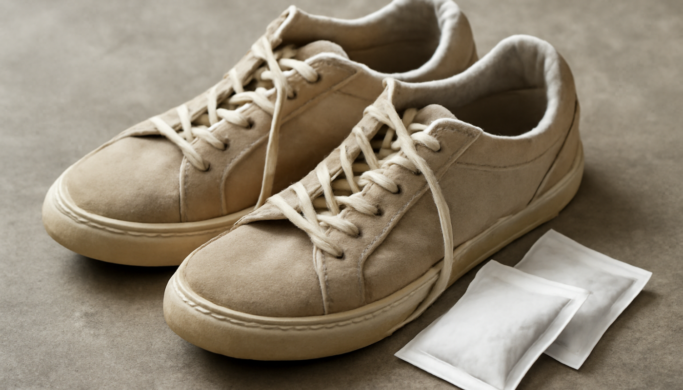 sneakers ouvertes avec sachets absorbants à côté