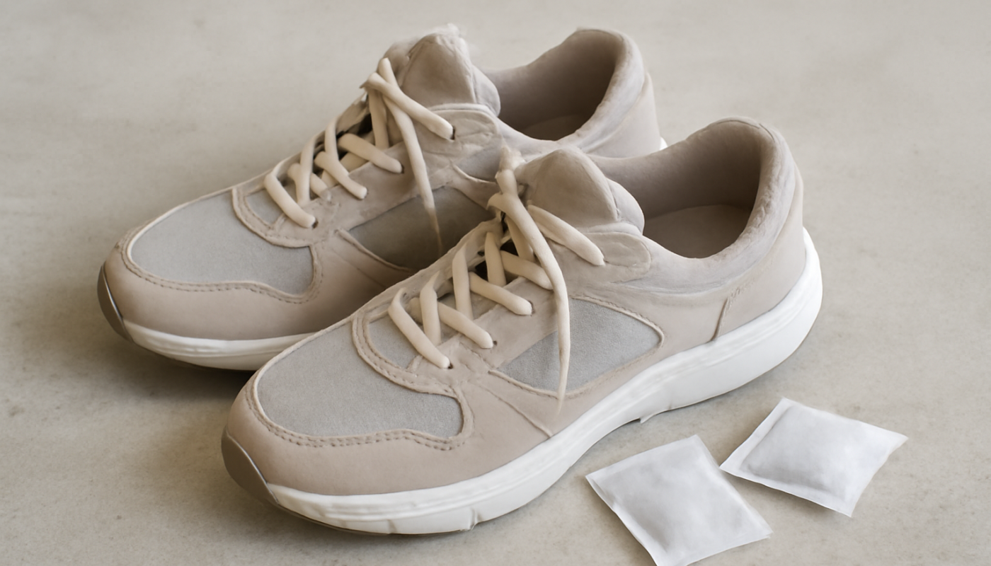 sneakers ouvertes avec sachets desodorisants a cote