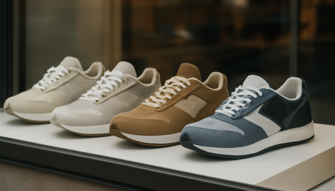 rangée de sneakers variées stylisées en vitrine