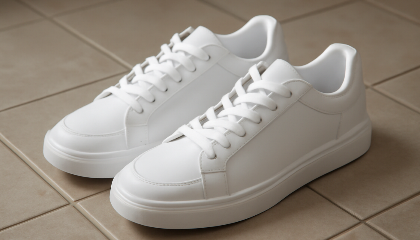 paire de baskets blanches posées sur carrelage
