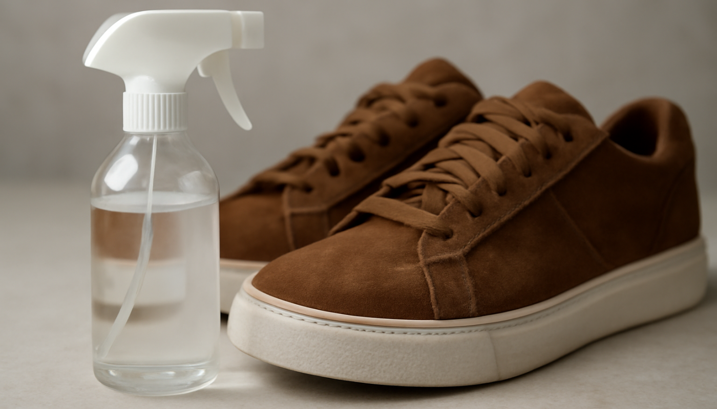 bouteille de spray près de sneakers en daim