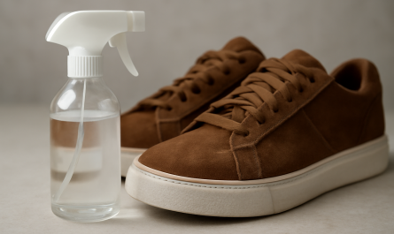 bouteille de spray près de sneakers en daim