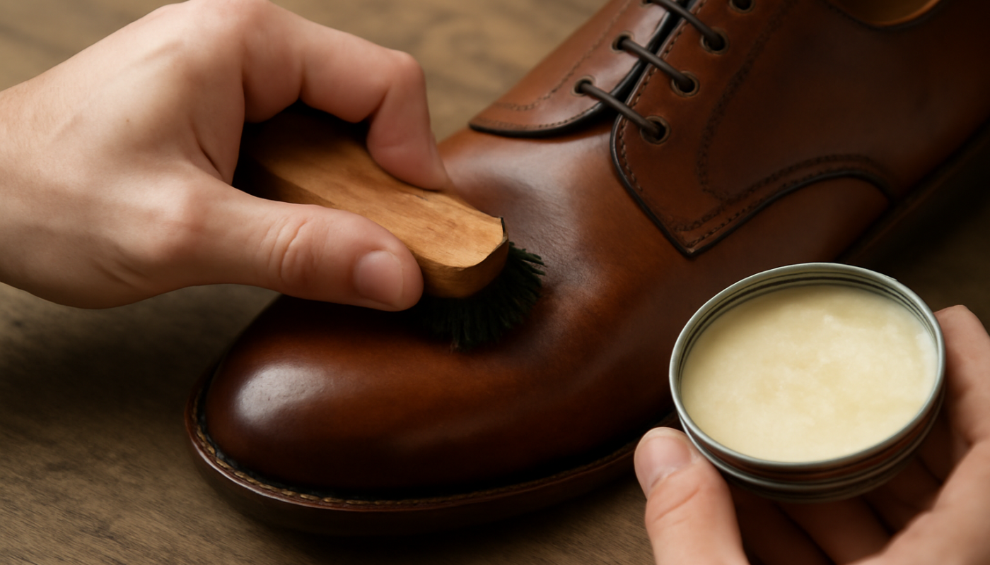 mains appliquant cire sur chaussure en cuir
