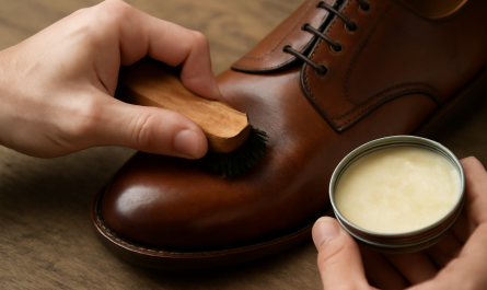 mains appliquant cire sur chaussure en cuir
