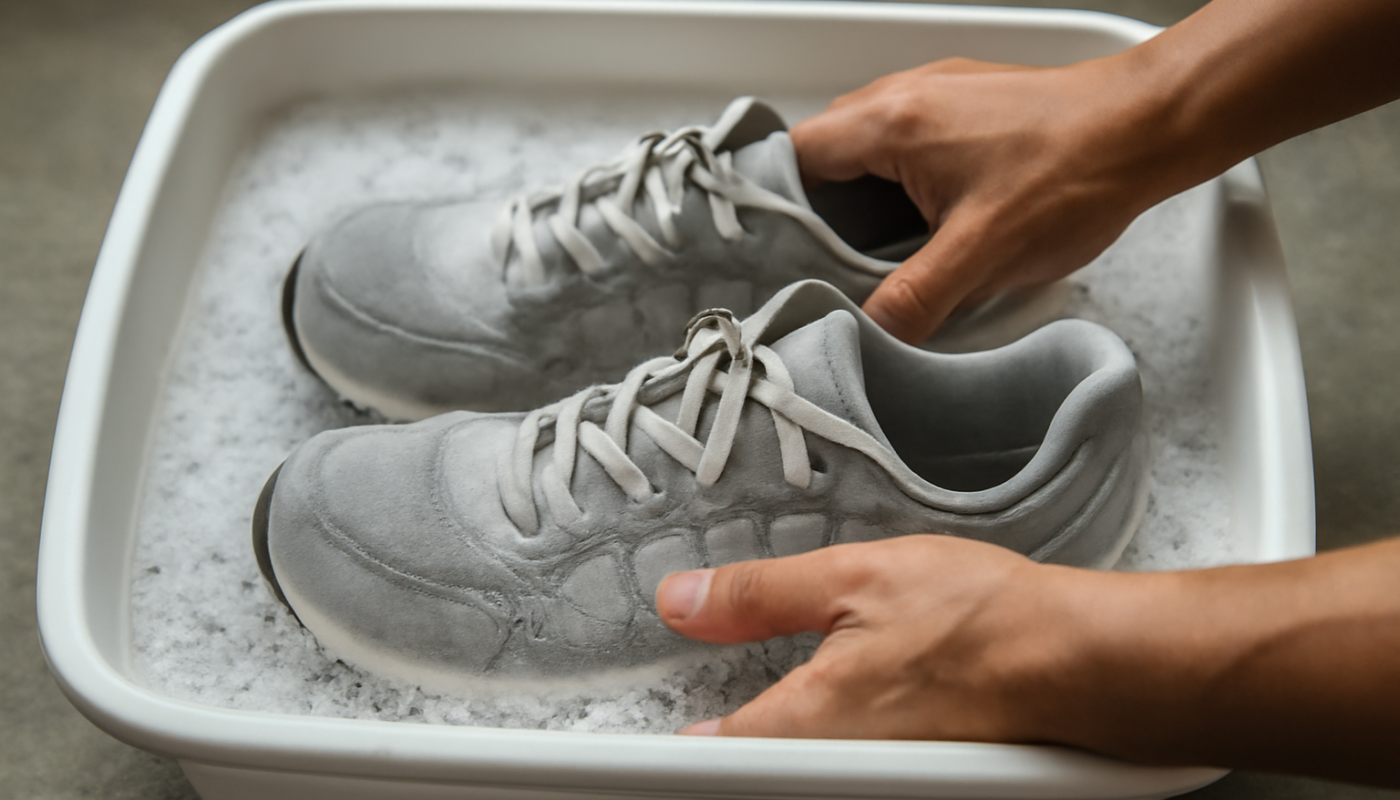 mains préparant sneakers dans bac de lavage