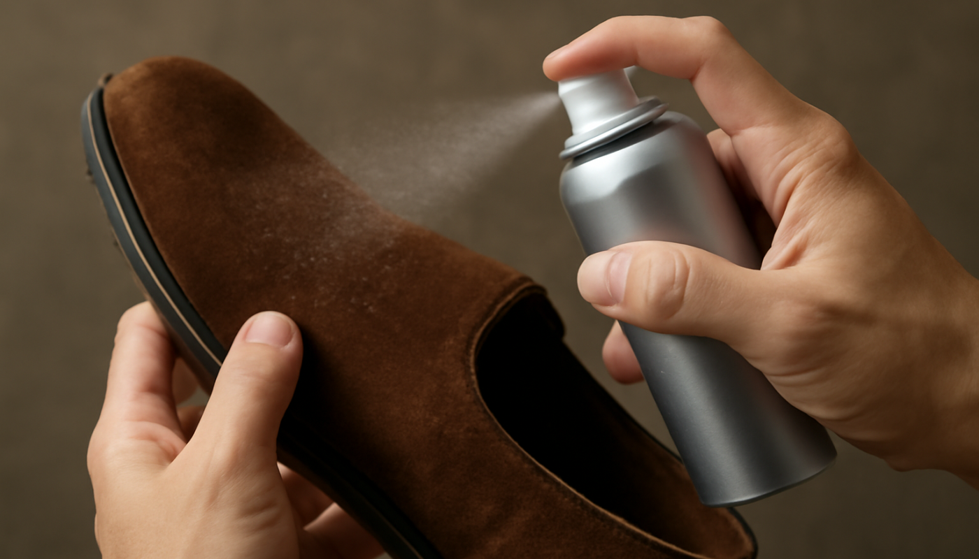 mains appliquant un spray sur daim