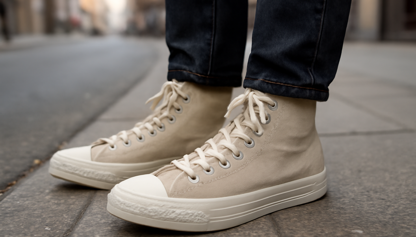 personne portant sneakers montantes dans la rue