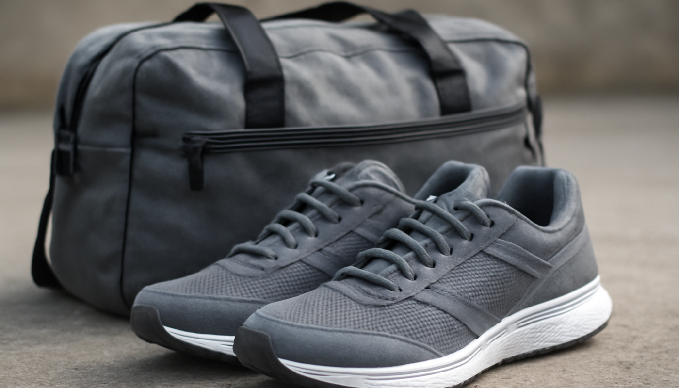 paire de sneakers running posée devant sac