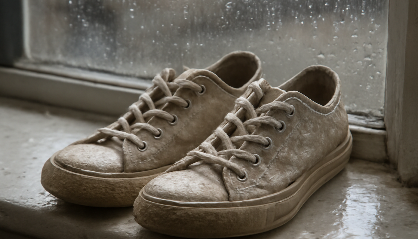 sneakers mouillées posées près d'une fenêtre