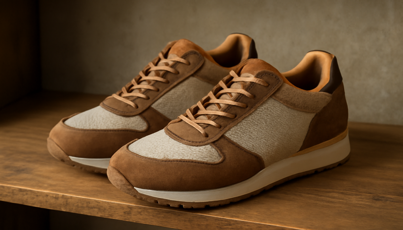 sneakers au design artisanal sur étagère