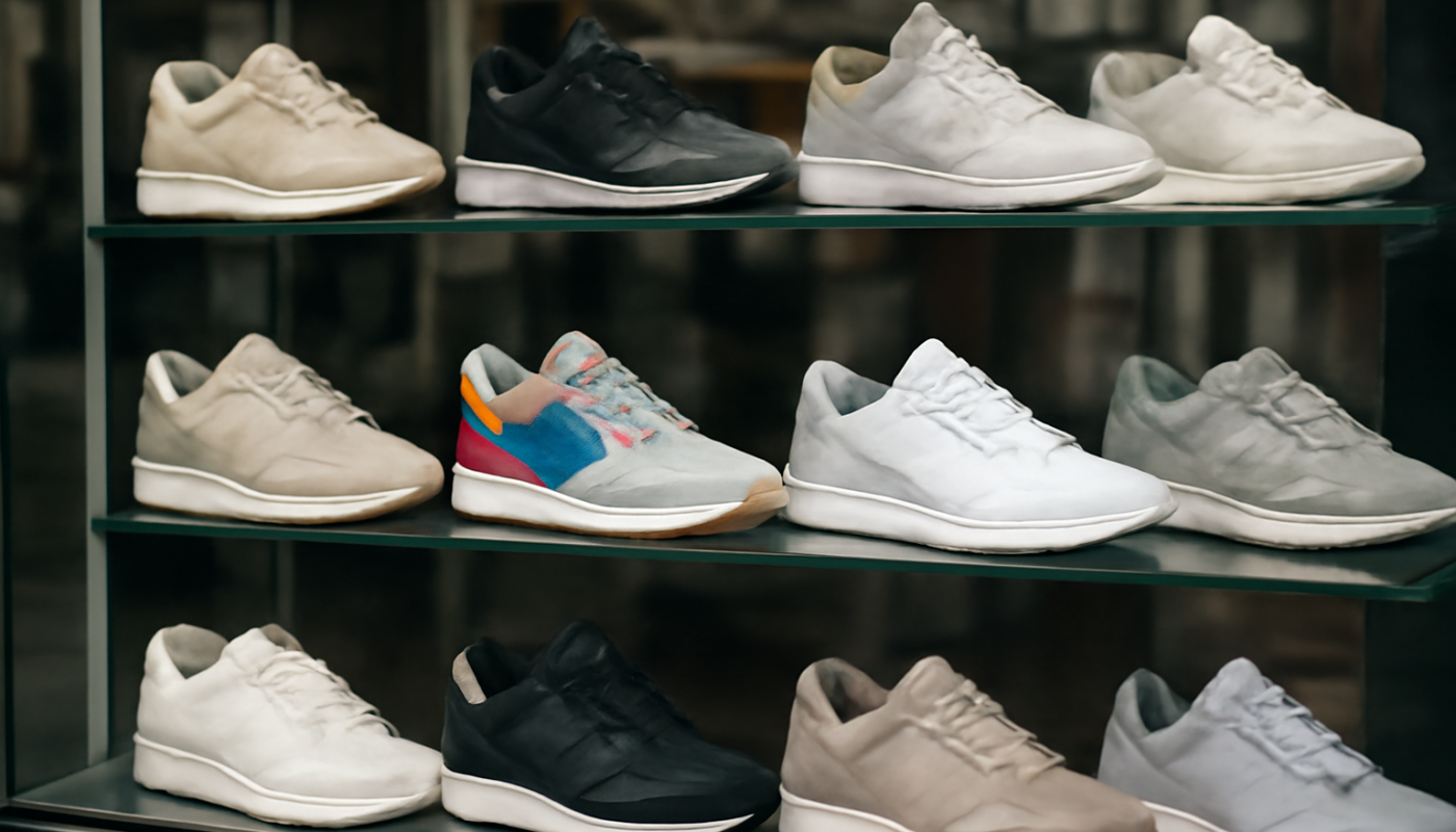 vitrine boutique montrant plusieurs sneakers variées