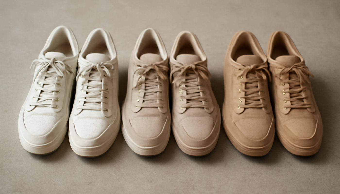 trois paires de sneakers neutres alignées sur sol
