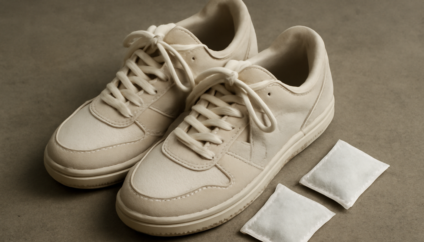 sneakers ouvertes avec sachets désodorisants à côté