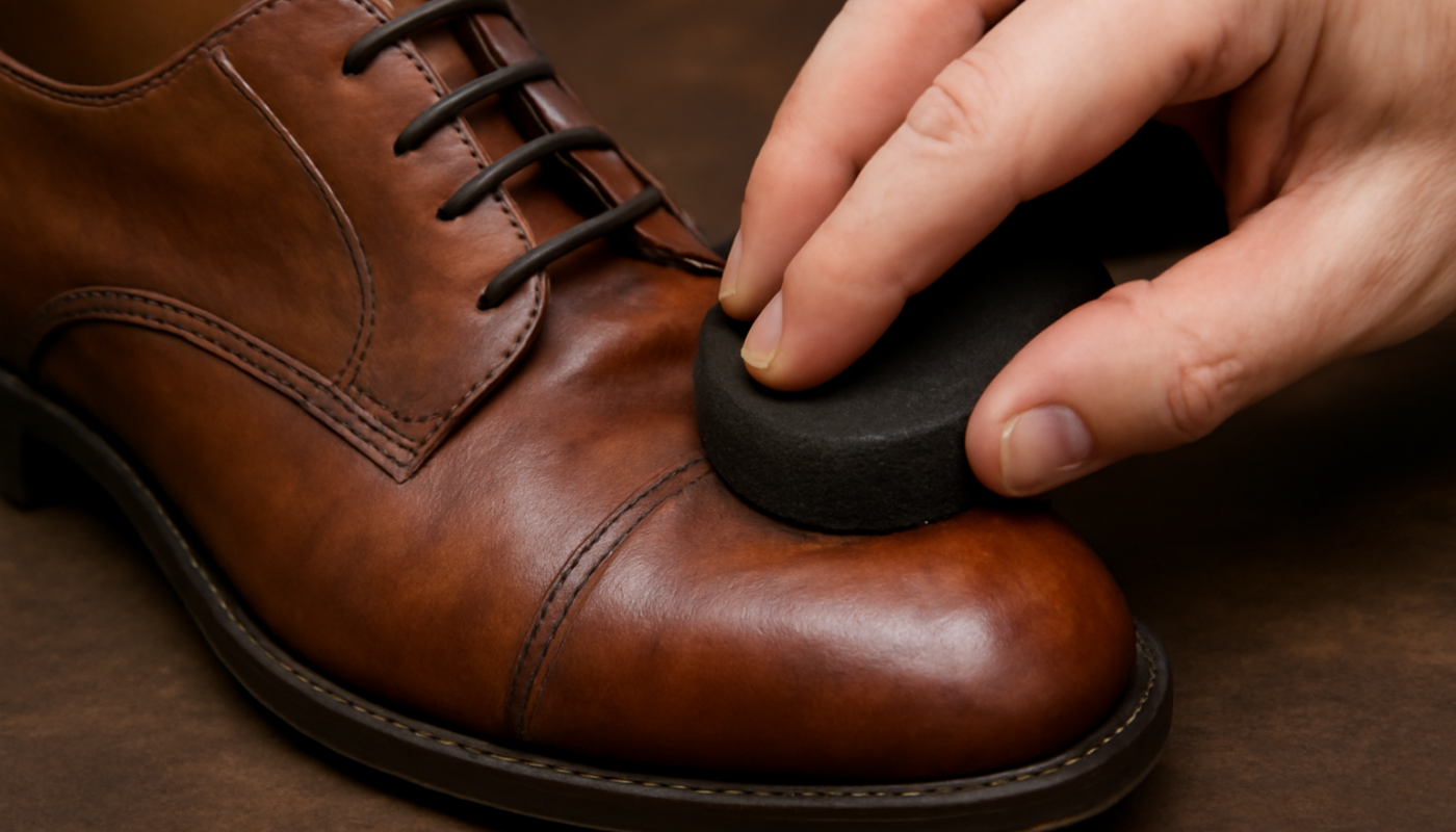 main tamponnant une tache sur cuir de chaussure