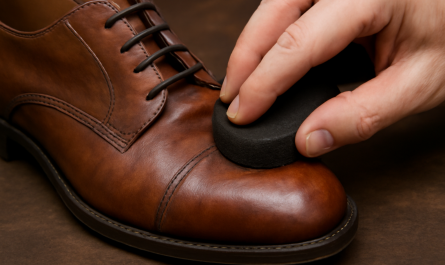 main tamponnant une tache sur cuir de chaussure