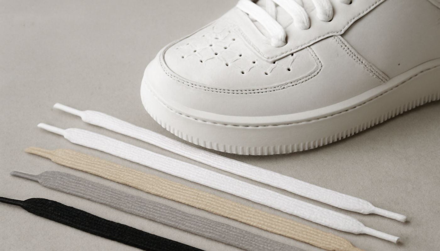 différents lacets posés près d'une sneaker blanche