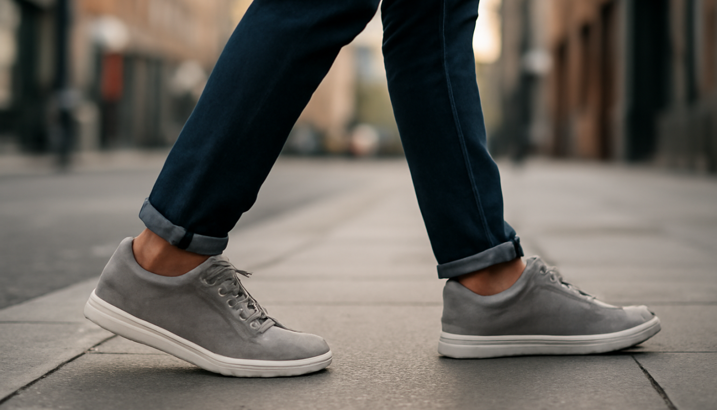 personne marchant en baskets sur trottoir urbain