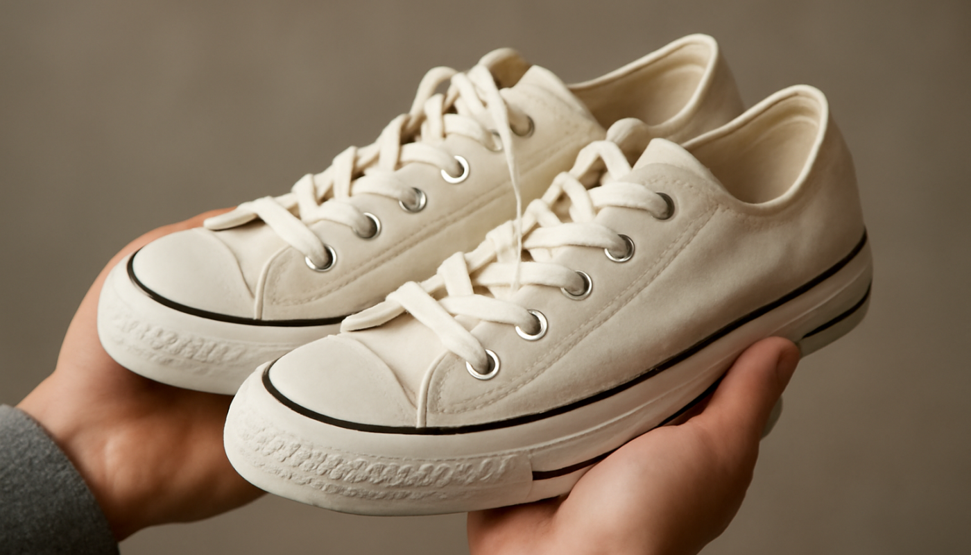 mains tenant paire de sneakers en toile