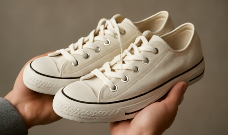 mains tenant paire de sneakers en toile